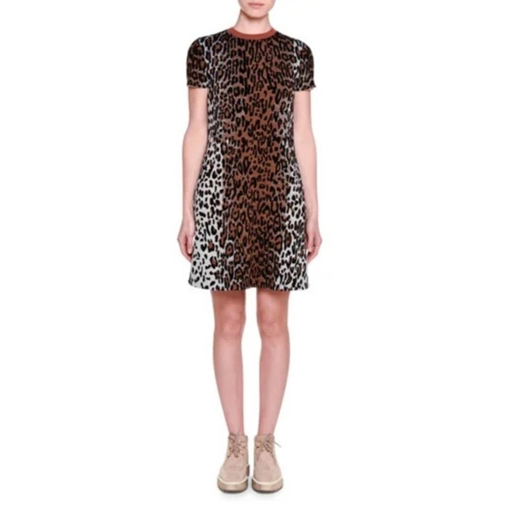 Stella McCartney Leopard Print Wool Blend Shift Dress Short Sleeve EU 40 S